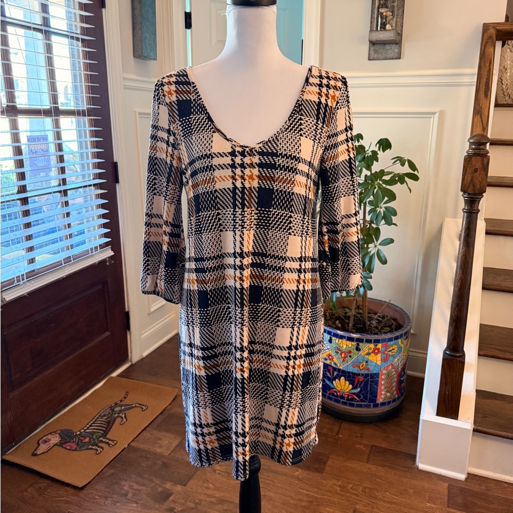 Pink Owl Apparel EUC Plaid Lined Scoop Neck Dress or Tunic w/ Balloon Sleeves